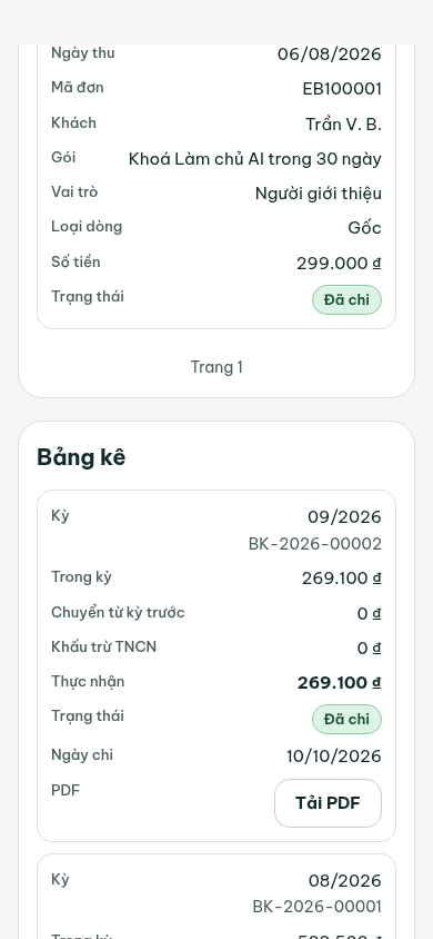 Khối Bảng kê trong cổng: mỗi kỳ một thẻ với Trong kỳ, Chuyển từ kỳ trước, Khấu trừ TNCN, Thực nhận, Trạng thái Đã chi, Ngày chi và nút Tải PDF. Dữ liệu minh hoạ.
