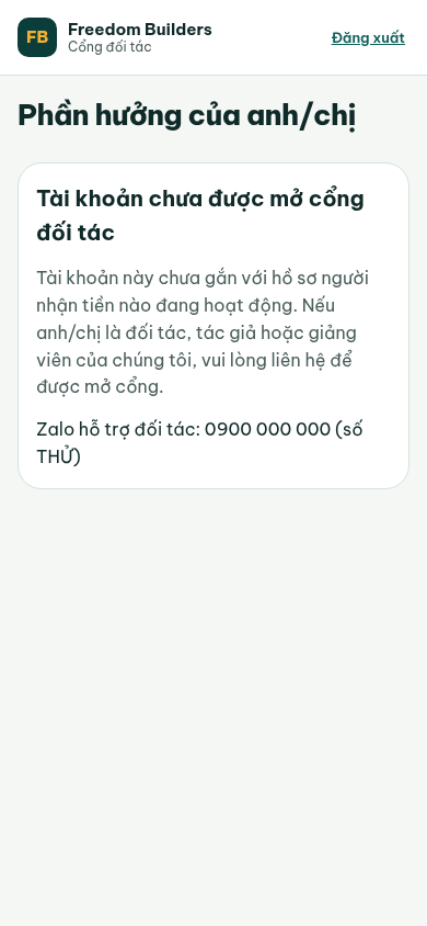 Đăng nhập bằng tài khoản chưa gắn hồ sơ nhận tiền: trang báo Tài khoản chưa được mở cổng đối tác kèm thông tin hỗ trợ. Dữ liệu minh hoạ.