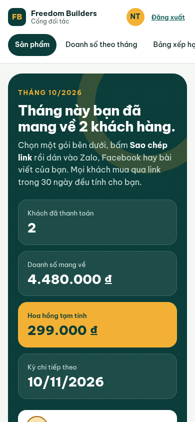 Đầu Cổng đối tác: Tháng 10/2026, câu Tháng này bạn đã mang về 2 khách hàng., bốn ô Khách đã thanh toán, Doanh số mang về, Hoa hồng tạm tính (ô vàng), Kỳ chi tiếp theo. Dữ liệu minh hoạ.