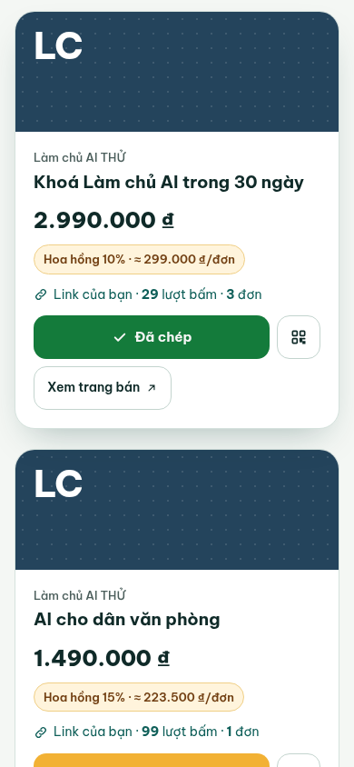 Thẻ gói sau khi bấm Sao chép link: nút chuyển xanh Đã chép, dòng Link của bạn · 29 lượt bấm · 3 đơn, nút QR và Xem trang bán. Dữ liệu minh hoạ.