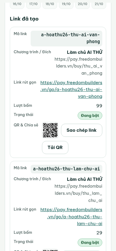 Bảng Link đã tạo: mã link, gói đích, link rút gọn, lượt bấm, trạng thái Đang bật, QR và nút Sao chép link, Tải QR. Dữ liệu minh hoạ.
