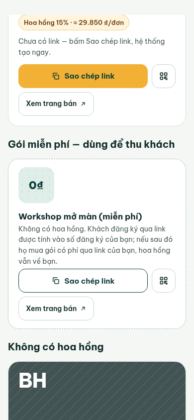 Hai nhóm cuối danh mục: Gói miễn phí — dùng để thu khách (không có hoa hồng) và Không có hoa hồng. Dữ liệu minh hoạ.