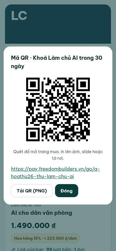 Hộp Mã QR của một gói: mã QR, link giới thiệu đầy đủ, nút Tải QR (PNG) và Đóng. Link minh hoạ.
