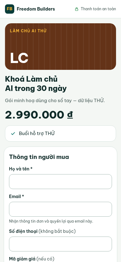 Khách mở link giới thiệu sẽ thấy trang mua gói bình thường (không hiện tên bạn): ảnh gói, giá, quyền lợi và form Thông tin người mua có ô Mã giảm giá. Dữ liệu minh hoạ.
