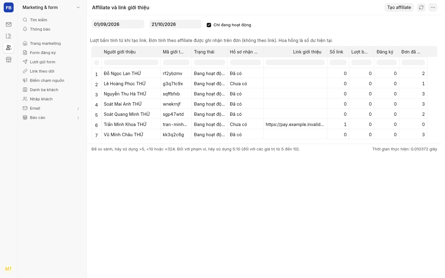 Báo cáo Affiliate và link giới thiệu khi đăng nhập Marketing: chỉ lượt bấm, đăng ký, đơn; Hồ sơ nhận tiền ghi Đã có / Chưa có. Dữ liệu minh hoạ trên máy dev.