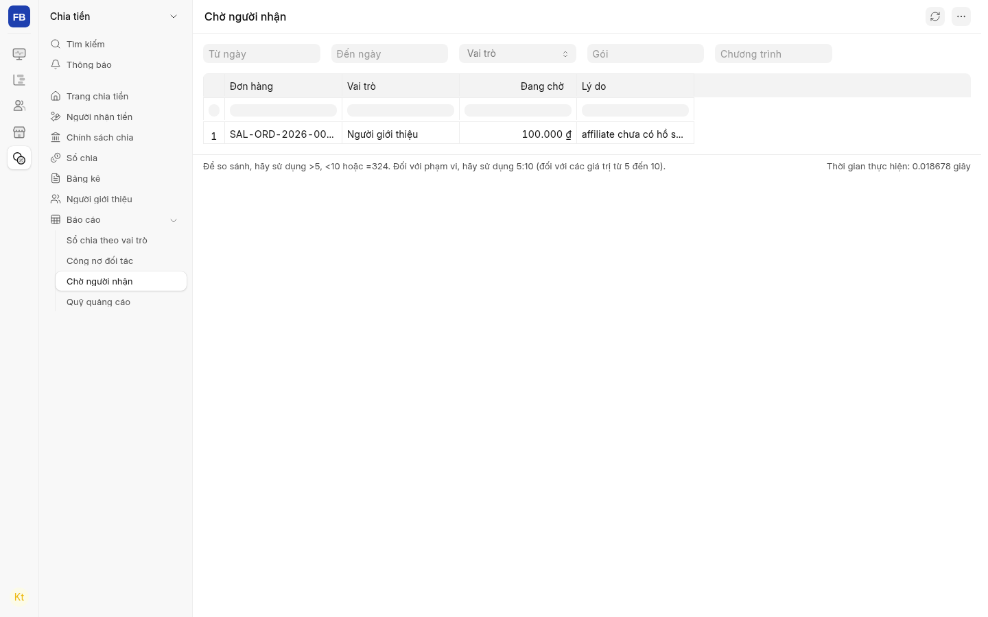 Báo cáo Chờ người nhận: một đơn THỬ, vai trò Người giới thiệu, 100.000 ₫, lý do affiliate chưa có hồ sơ. Dữ liệu minh hoạ trên máy dev.
