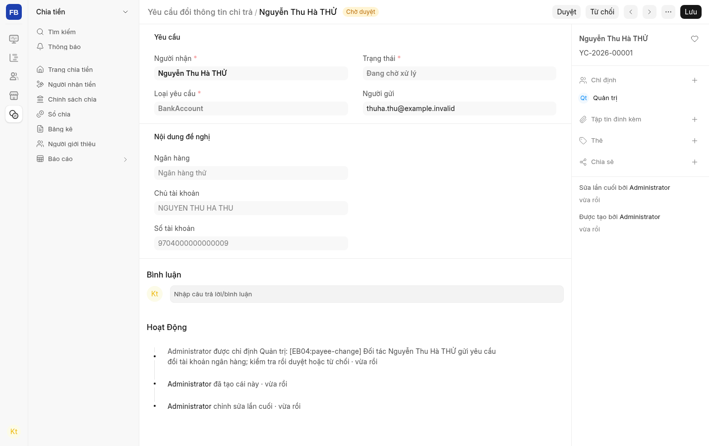 Yêu cầu đổi tài khoản ngân hàng của affiliate THỬ đang Chờ duyệt, nút Duyệt và Từ chối. Ô Loại yêu cầu đang hiện mã BankAccount (chưa dịch). Dữ liệu minh hoạ trên máy dev.