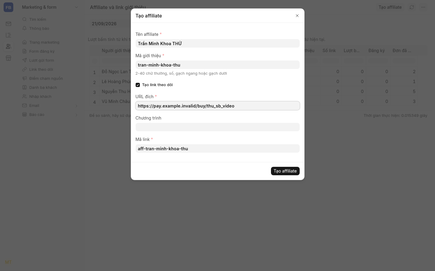 Hộp Tạo affiliate: tên, mã giới thiệu tự gợi ý, Tạo link theo dõi, URL đích, Chương trình, Mã link. Dữ liệu minh hoạ trên máy dev.