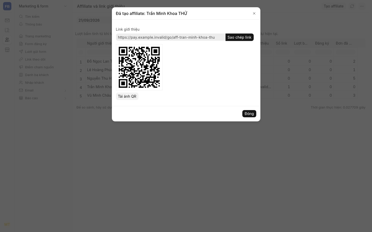 Kết quả tạo affiliate: link /go/aff-…, Sao chép link, QR và Tải ảnh QR. Dữ liệu minh hoạ trên máy dev.