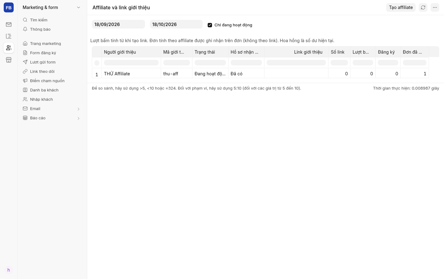 Báo cáo Affiliate của Marketing: link, lượt bấm và đơn; không hiện tiền chia.