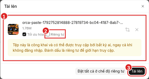 Xem trước poster thật: kiểm đúng tệp, bỏ Riêng tư, bấm Tải lên.