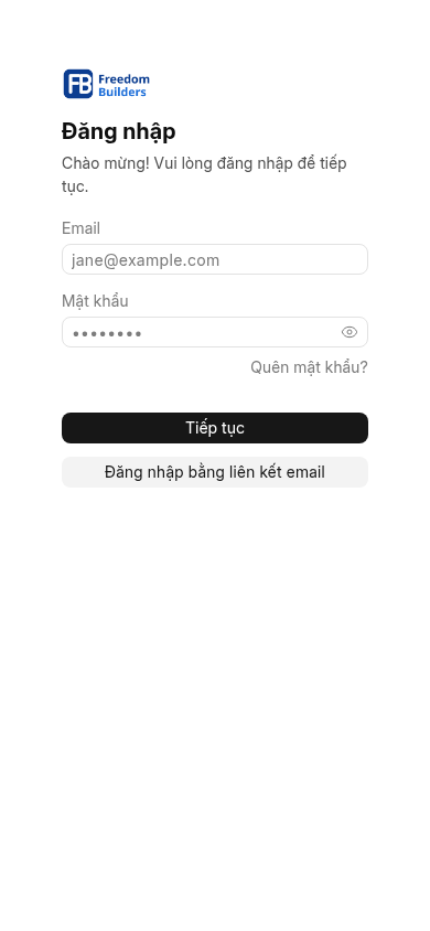 Màn đăng nhập trên điện thoại: ô Email, Mật khẩu, link Quên mật khẩu? và nút Tiếp tục.