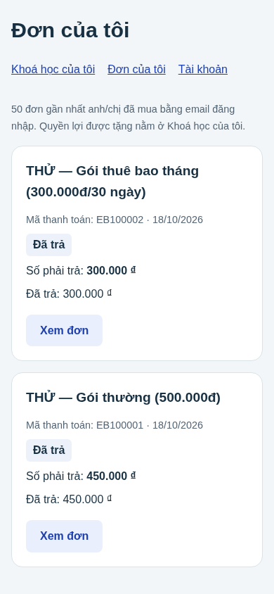 Đơn của tôi: các đơn đã trả và nút Xem đơn của khách THỬ.
