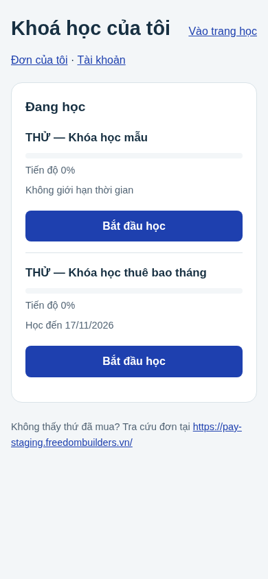 Điểm bắt đầu là Khoá học của tôi; chưa có lớp Zoom trong dữ liệu staging.