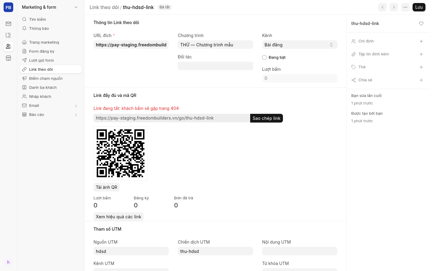 Link theo dõi THỬ đang tắt: có link đầy đủ, QR và số liệu hiệu quả.