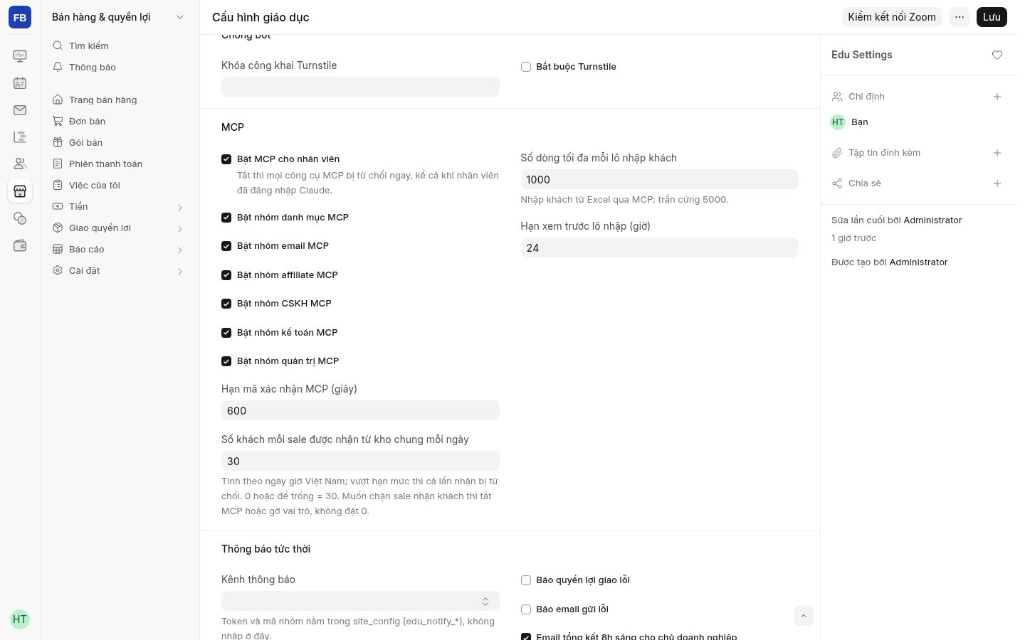 Edu Settings → MCP: công tắc tổng, sáu nhóm và hạn mã xác nhận; ảnh bằng Chủ doanh nghiệp.