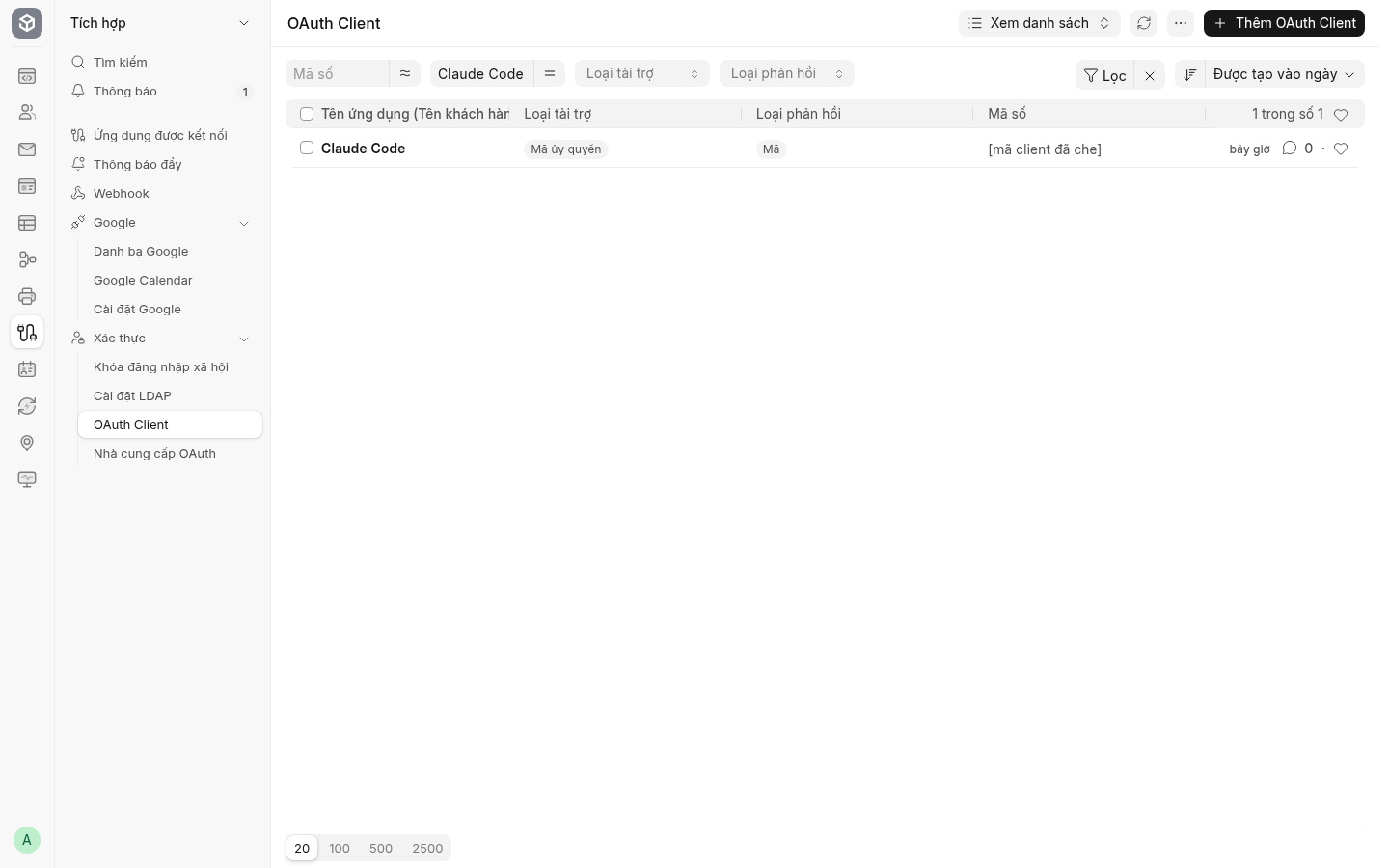 Danh sách OAuth Client lọc tên Claude Code trong ca thử; cần kiểm thêm thời điểm và người kết nối.