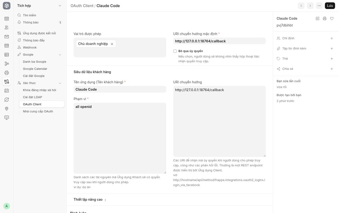 Form OAuth Client thử: Vai trò được phép là Chủ doanh nghiệp (Edu Owner); các trường bí mật được che.