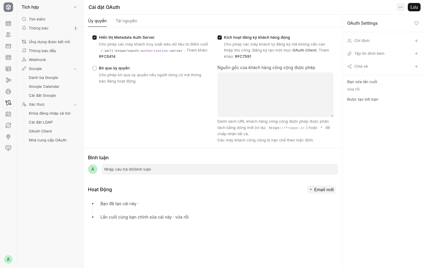 OAuth Settings trong buổi kết nối: Kích hoạt đăng ký khách hàng động đang chọn; sau ca thử đã tắt.