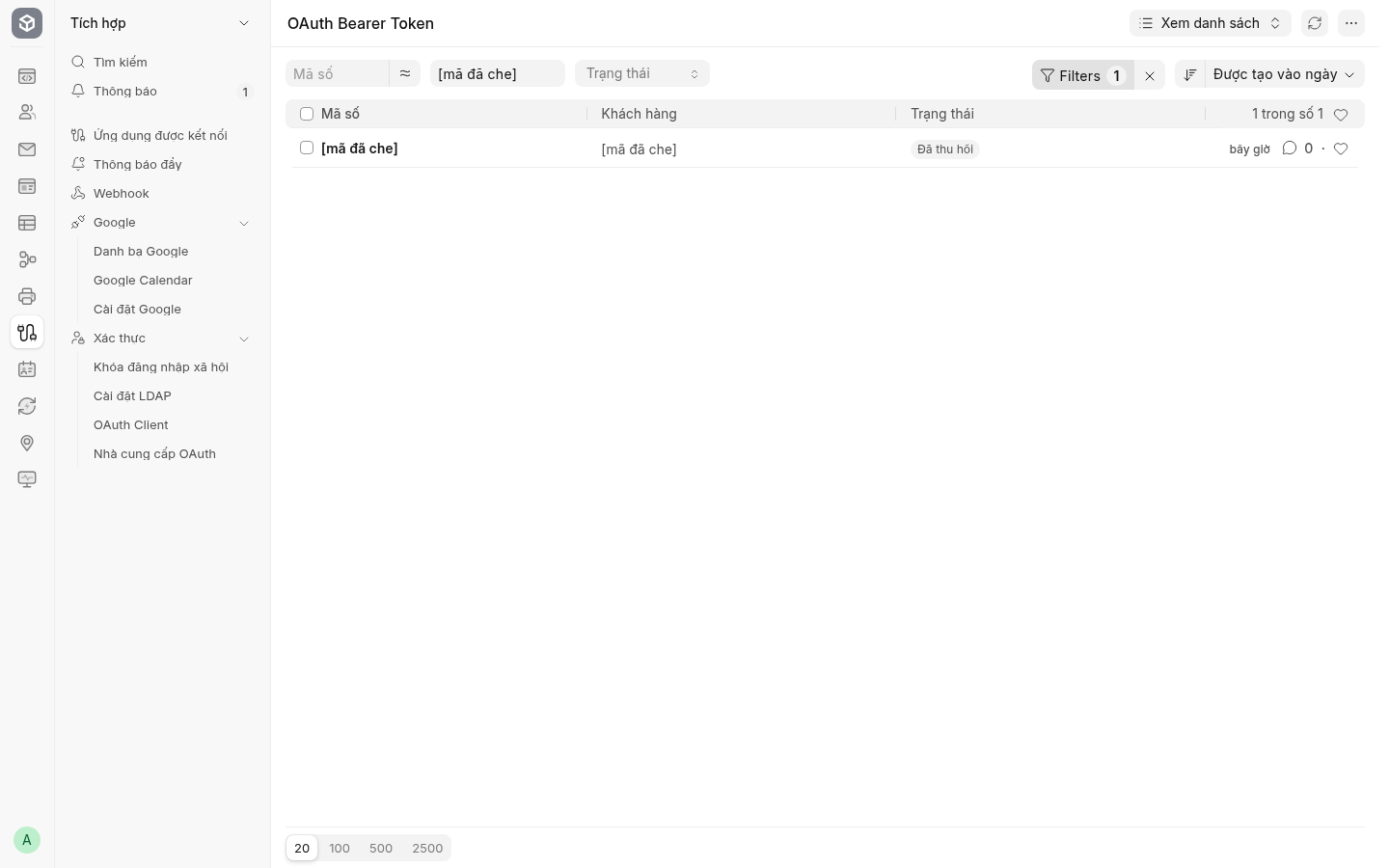 OAuth Bearer Token của client thử: trạng thái Đã thu hồi (Revoked); mã token được che trước chụp.