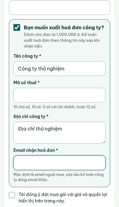 Trang mua gói THỬ 1.000.000 ₫ (đủ ngưỡng): tích Bạn muốn xuất hoá đơn công ty? rồi điền bốn ô, cuối là ô đồng ý đặt mua. Email, số điện thoại và mã số thuế đã che.