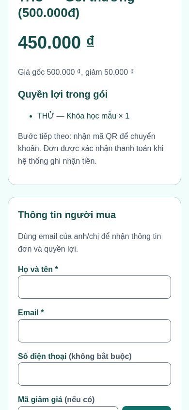 THU10 đã áp dụng: kiểm số tiền sau giảm trước khi tạo đơn. Dữ liệu minh hoạ.