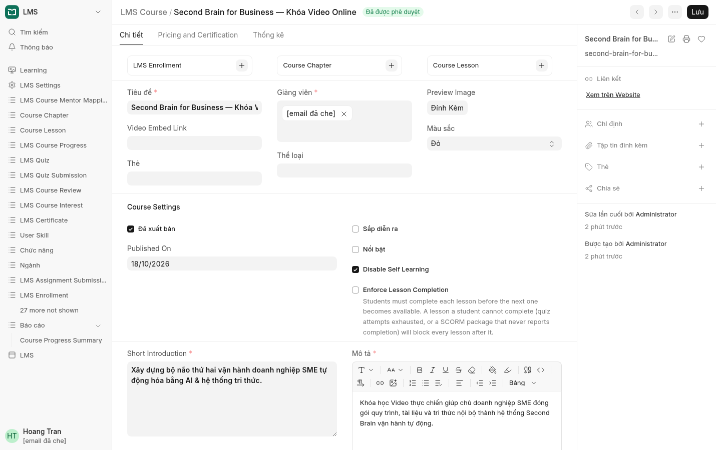 Bước 1 — Khóa học LMS: tích Đã xuất bản và Disable Self Learning.