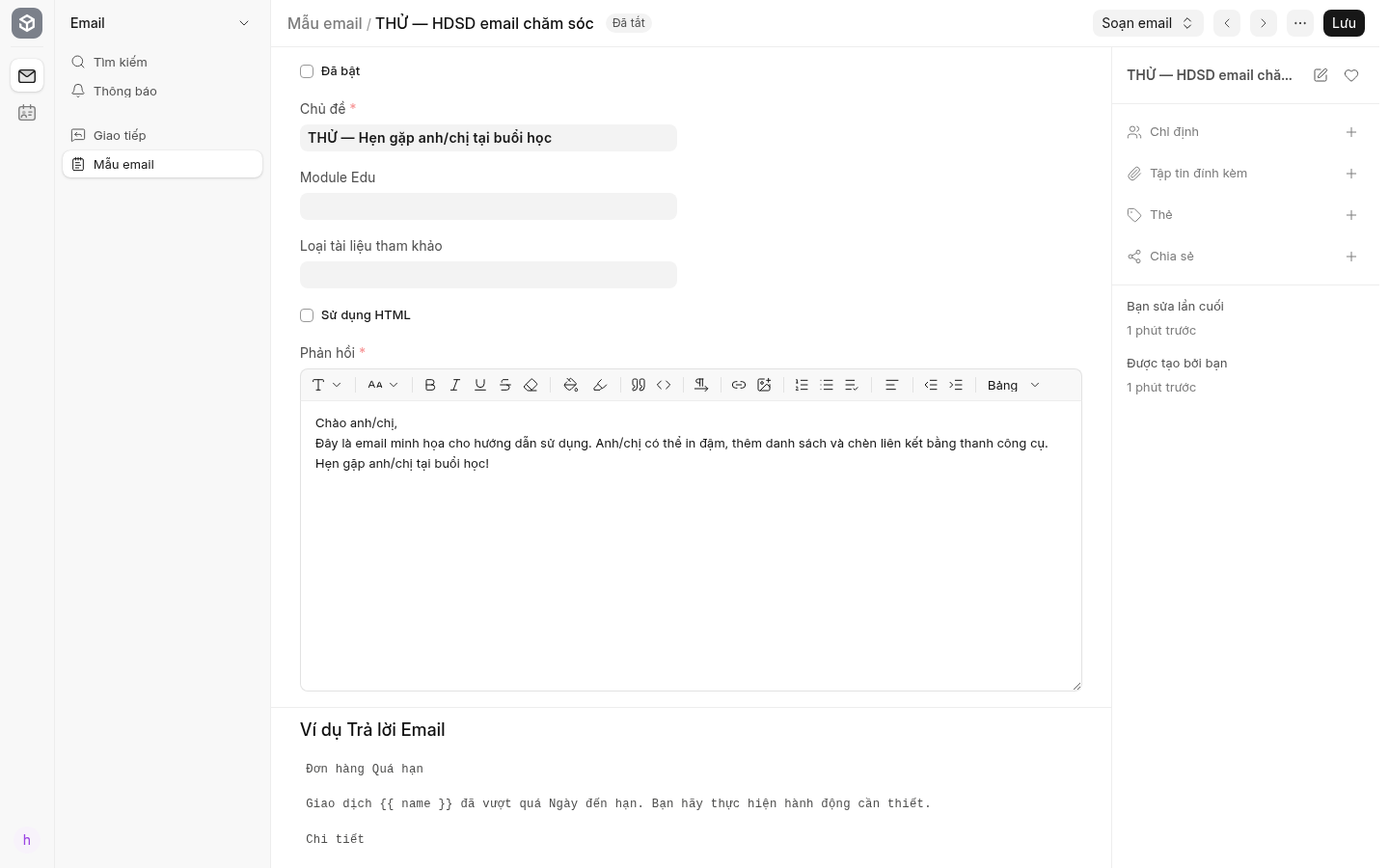 Mẫu email THỬ với trình soạn trực quan và nhóm Soạn email.
