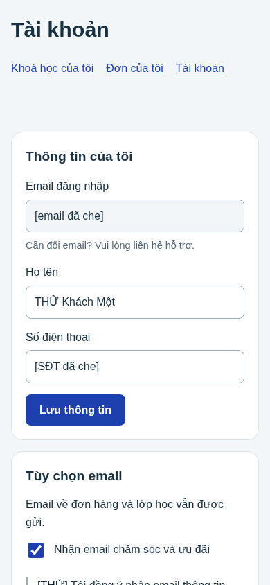 Tài khoản: thông tin cá nhân và lựa chọn email của học viên.