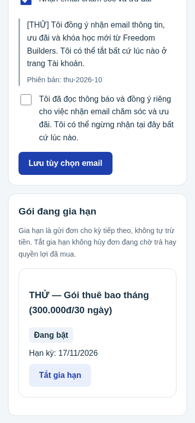 Gói đang gia hạn: khách chủ động bật/tắt gửi đơn kỳ sau.