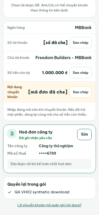 Link thanh toán THỬ chưa trả: thẻ Hoá đơn công ty · Đã ghi nhận yêu cầu chỉ hiện tên công ty, bốn số cuối mã số thuế và nút Sửa. Số tài khoản và nội dung chuyển khoản đã che; QR không tải vì lúc chụp chặn dịch vụ ngoài.