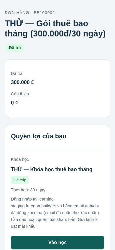 Trang đơn đã trả có quyền học và nút Vào học.
