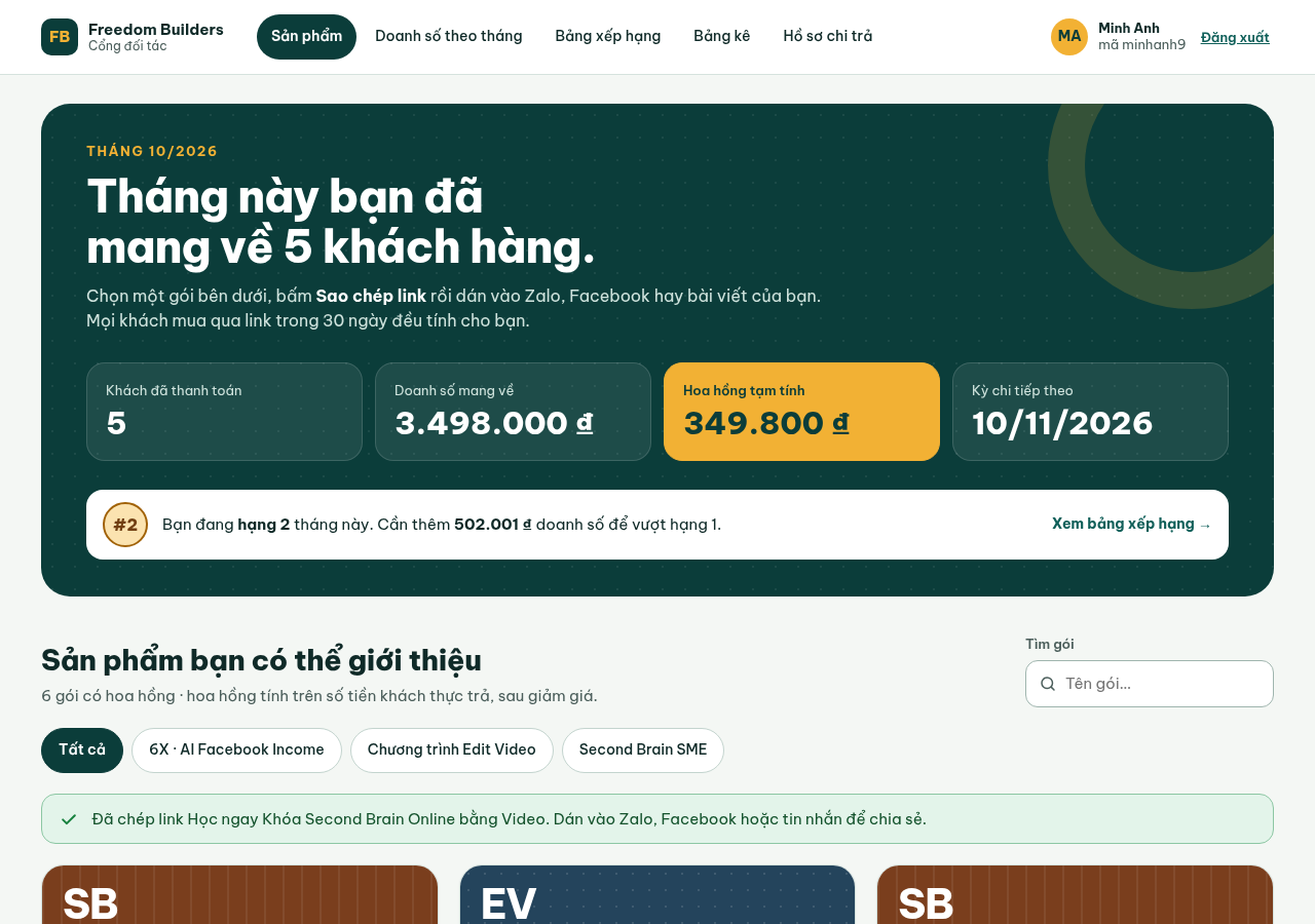 Sau khi bấm Sao chép link: dải xanh Đã chép link Học ngay Khóa Second Brain Online bằng Video. Dán vào Zalo, Facebook hoặc tin nhắn để chia sẻ. hiện ngay trên danh mục (máy tính). Dữ liệu minh hoạ (affiliate THỬ “Minh Anh”, site dev).