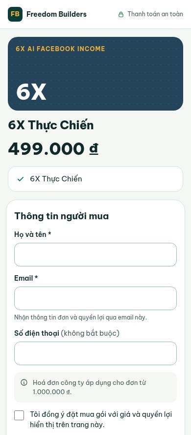 Gói 6X Thực Chiến 499.000 ₫, dưới ngưỡng hoá đơn công ty: thay cho thẻ tích là dòng Hoá đơn công ty áp dụng cho đơn từ 1.000.000 ₫. Chụp trên production 21/10/2026, trang công khai.