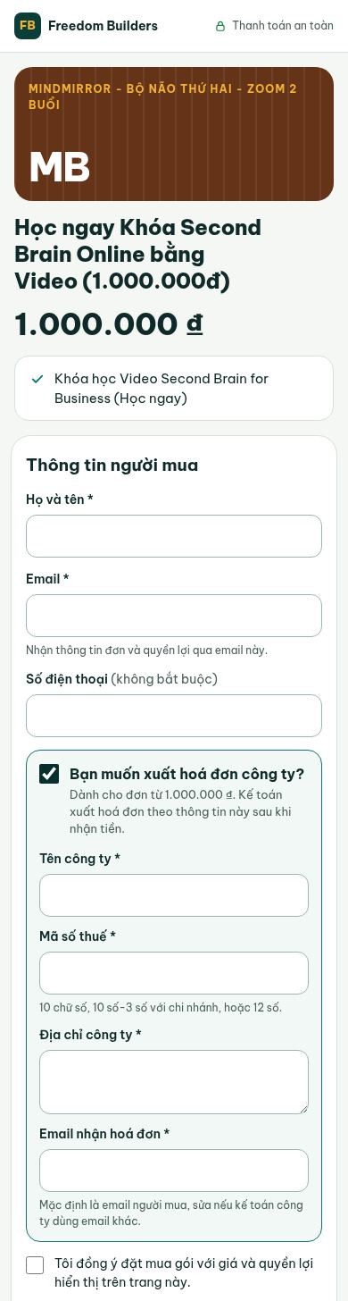 Gói 1.000.000 ₫, đã tích Bạn muốn xuất hoá đơn công ty?: hiện bốn ô Tên công ty, Mã số thuế (10 chữ số, 10 số-3 số với chi nhánh, hoặc 12 số), Địa chỉ công ty, Email nhận hoá đơn (mặc định là email người mua). Các ô để trống. Chụp trên production 21/10/2026, trang công khai.