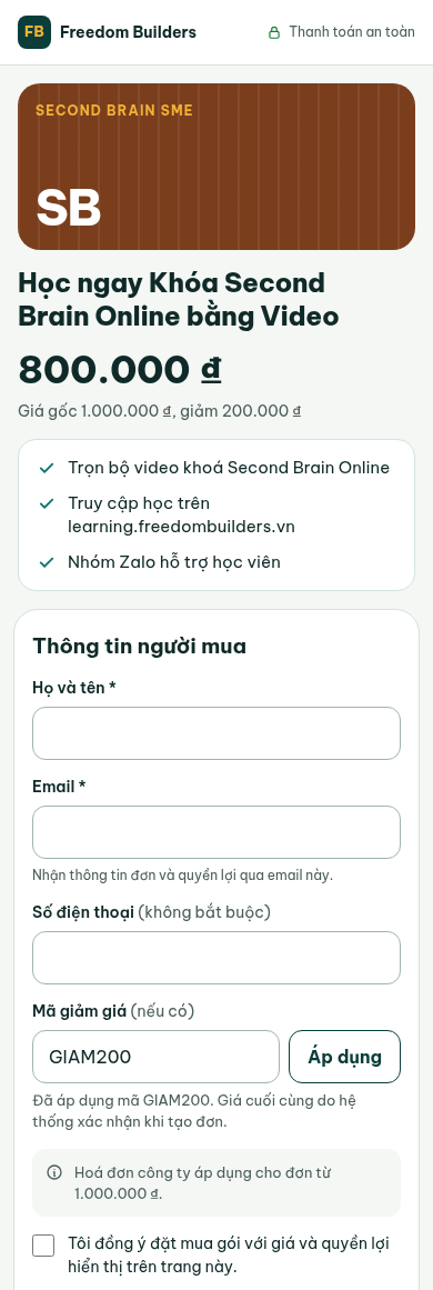 Áp mã giảm giá GIAM200 cho gói 1.000.000 ₫: giá còn 800.000 ₫ (Giá gốc 1.000.000 ₫, giảm 200.000 ₫), dưới ngưỡng nên thẻ Bạn muốn xuất hoá đơn công ty? đổi thành dòng Hoá đơn công ty áp dụng cho đơn từ 1.000.000 ₫. Dữ liệu minh hoạ (đơn THỬ, ngân hàng thử, site dev).