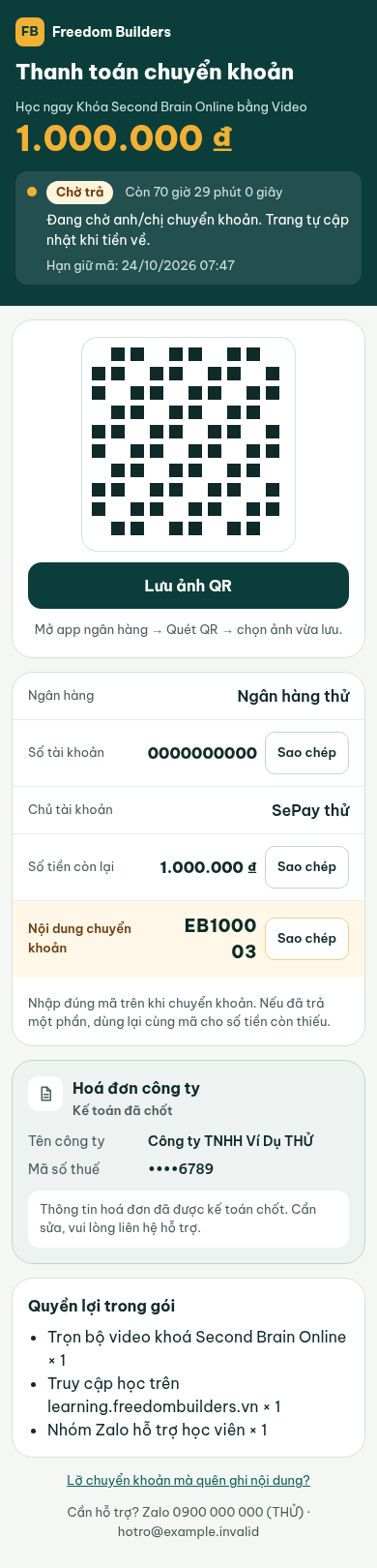 Kế toán đã chốt: thẻ xám Hoá đơn công ty · Kế toán đã chốt, không còn nút Sửa, dòng Thông tin hoá đơn đã được kế toán chốt. Cần sửa, vui lòng liên hệ hỗ trợ. Dữ liệu minh hoạ (đơn THỬ, ngân hàng thử, site dev).