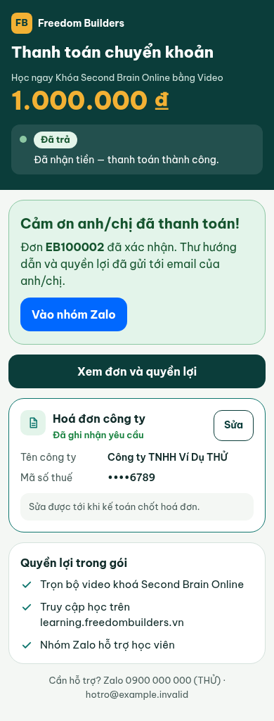 Đã thanh toán: dải Đã trả, khối Cảm ơn anh/chị đã thanh toán! với nút Vào nhóm Zalo, nút Xem đơn và quyền lợi; thẻ hoá đơn vẫn có nút Sửa khi kế toán chưa chốt. Dữ liệu minh hoạ (đơn THỬ, ngân hàng thử, site dev).