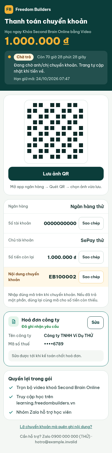 Mở lại link thanh toán khi đã có yêu cầu: thẻ Hoá đơn công ty · Đã ghi nhận yêu cầu, nút Sửa, dòng Sửa được tới khi kế toán chốt hoá đơn. Dữ liệu minh hoạ (đơn THỬ, ngân hàng thử, site dev).