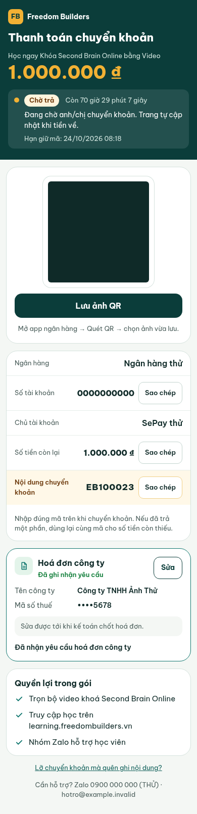 Vừa bấm Gửi yêu cầu hoá đơn: thẻ đổi ngay sang Hoá đơn công ty · Đã ghi nhận yêu cầu với tên công ty, bốn số cuối mã số thuế, nút Sửa và dòng Đã nhận yêu cầu hoá đơn công ty — không cần tải lại trang. Dữ liệu minh hoạ (đơn THỬ, ngân hàng thử, site dev).