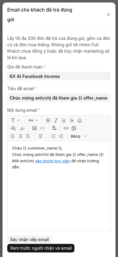 Production trên điện thoại — (1) đúng gói; (2) tiêu đề; (3) nút Xem trước người nhận và email. Cuộn hộp để kiểm toàn bộ nội dung; chưa gửi thư.