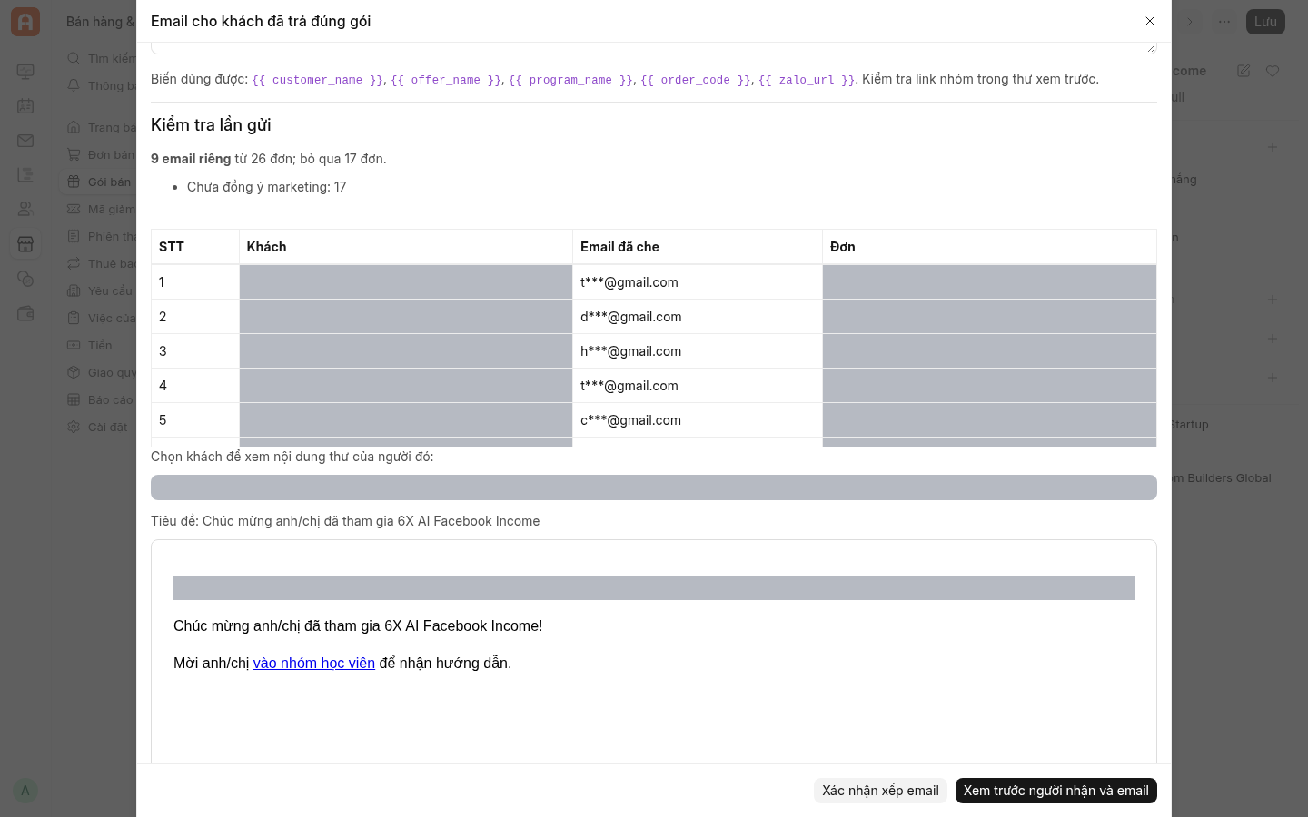 Production — (1) 9 email từ 26 đơn, bỏ qua 17 đơn chưa đồng ý marketing; (2) danh sách đã che tên và mã đơn; (3) thư thực tế theo khách đang chọn; (4) nút Xác nhận xếp email. Phiên chụp không bấm gửi.