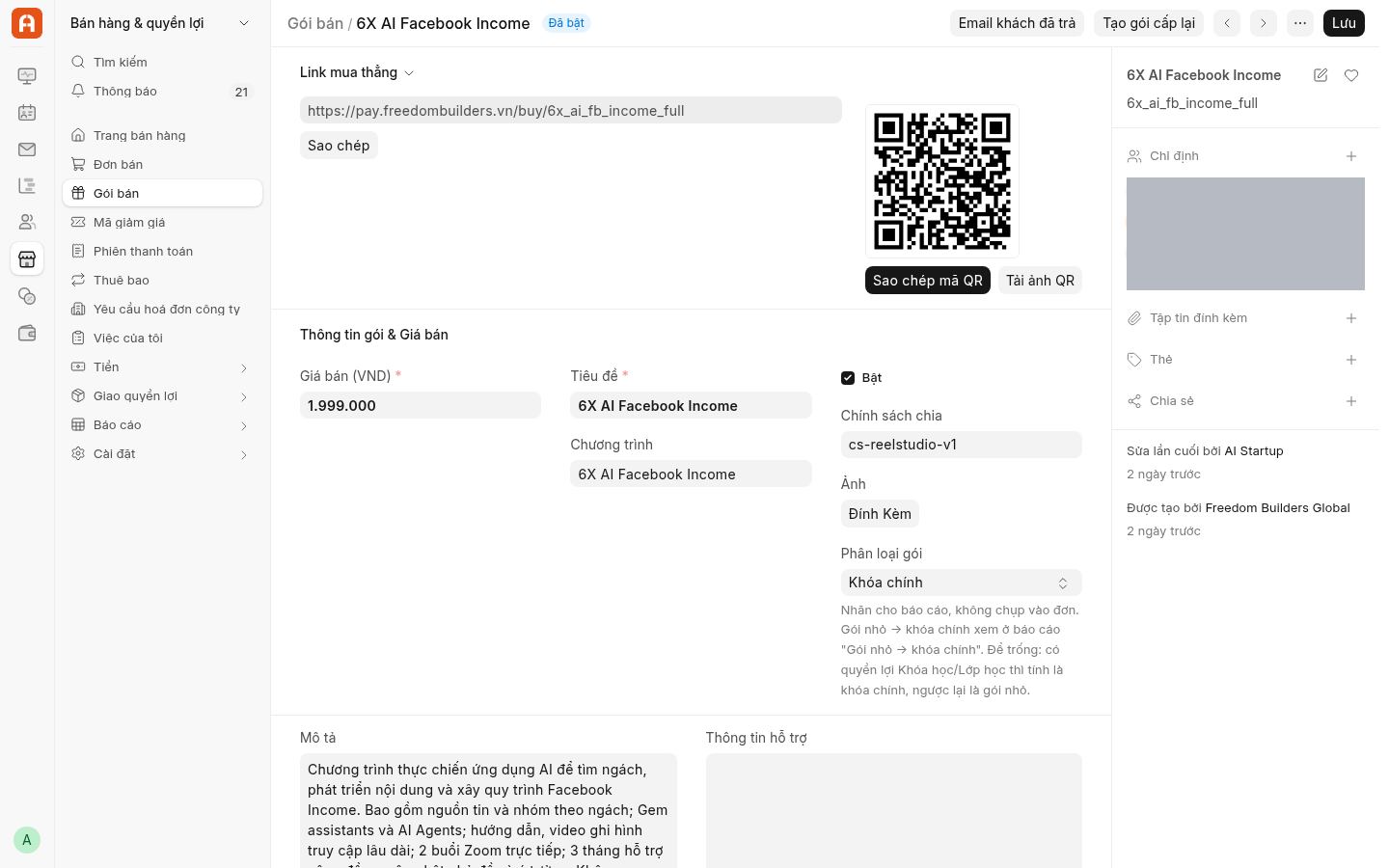 Production — (1) mở đúng gói 6X AI Facebook Income rồi bấm Email khách đã trả. Chưa soạn hoặc gửi thư.
